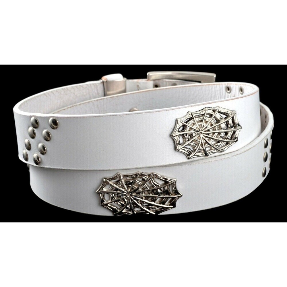White Leather Belt Chrome Studs With Spider Webs & Metal Buckle Unisex Cosplay